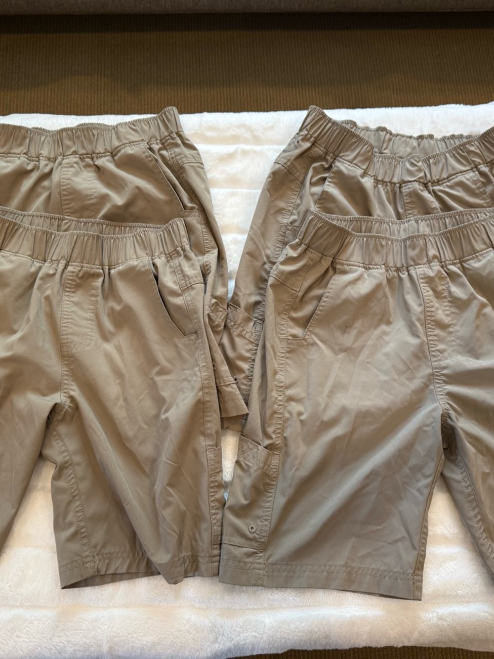 4 pair Magellan Outdoors Tan Elastic-Waist Kids Shorts (size 12)